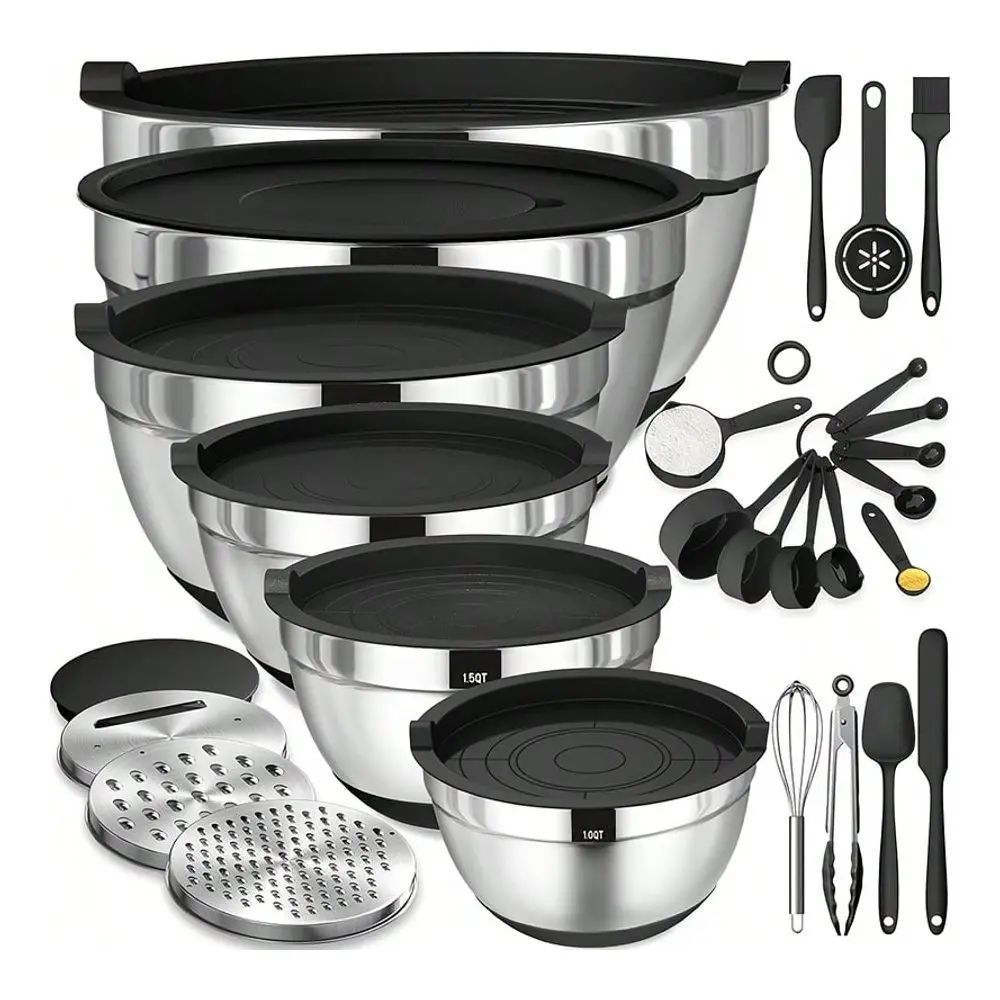 Mixing Bowl With Lid, Stainless Steel Mixing Bowl With 3 Grater Attachments, Metal Nesting Bowl And Black Airtight Lid, For Bak
Mixing Bowl With Lid, Stainless Steel Mixing Bowl With 3 Grater Attachments, Metal Nesting Bowl And Black Airtight Lid, For Bak