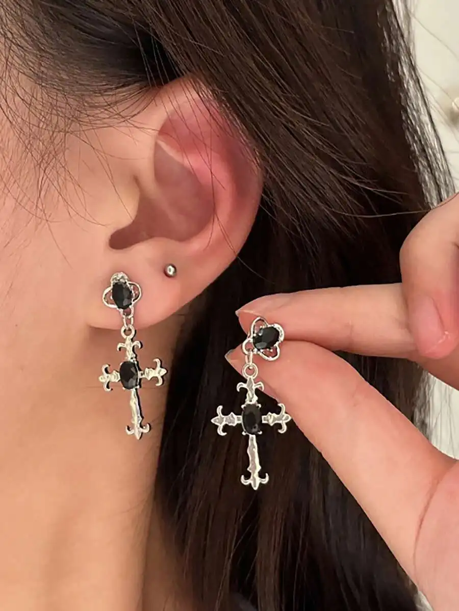 Punk Style Cross Drop Earrings With Black Artificial Crystal For Women
Punk Style Cross Drop Earrings With Black Artificial Crystal For Women