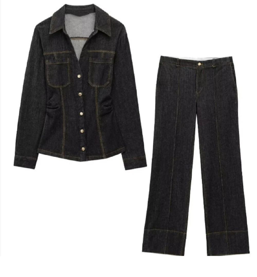 Denim Women's Pants Sets Button up Shirt Two Piece Outfits Woman High Waist Women's Trousers Suits Spring Lady Sets
Denim Women's Pants Sets Button up Shirt Two Piece Outfits Woman High Waist Women's Trousers Suits Spring Lady Sets