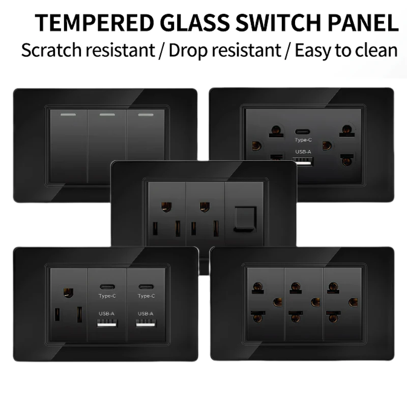 118*75mm Tempered Glass panel socket US Wall Socket Black Thai USB Socket Plug with Dual USB Type-C Ports,Light Switch 110V
118*75mm Tempered Glass panel socket US Wall Socket Black Thai USB Socket Plug with Dual USB Type-C Ports,Light Switch 110V