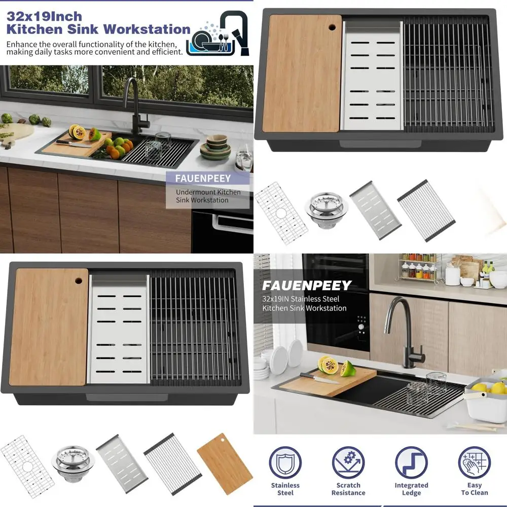32x19 Stainless Steel Undermount Single Bowl Sink with Built-in Workstation and Accessory Options
32x19 Stainless Steel Undermount Single Bowl Sink with Built-in Workstation and Accessory Options