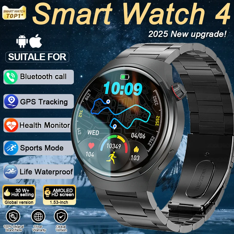 Часы 4 Pro, обновленные спортивные умные часы для мужчин, полный сенсорный экран, Bluetooth-вызов, 1,53 дюйма, водонепроницаемые умные часы с пульсометром, новинка 2025 года 
Часы 4 Pro, обновленные спортивные умные часы для мужчин, полный сенсорный экран, Bluetooth-вызов, 1,53 дюйма, водонепроницаемые умные часы с пульсометром, новинка 2025 года