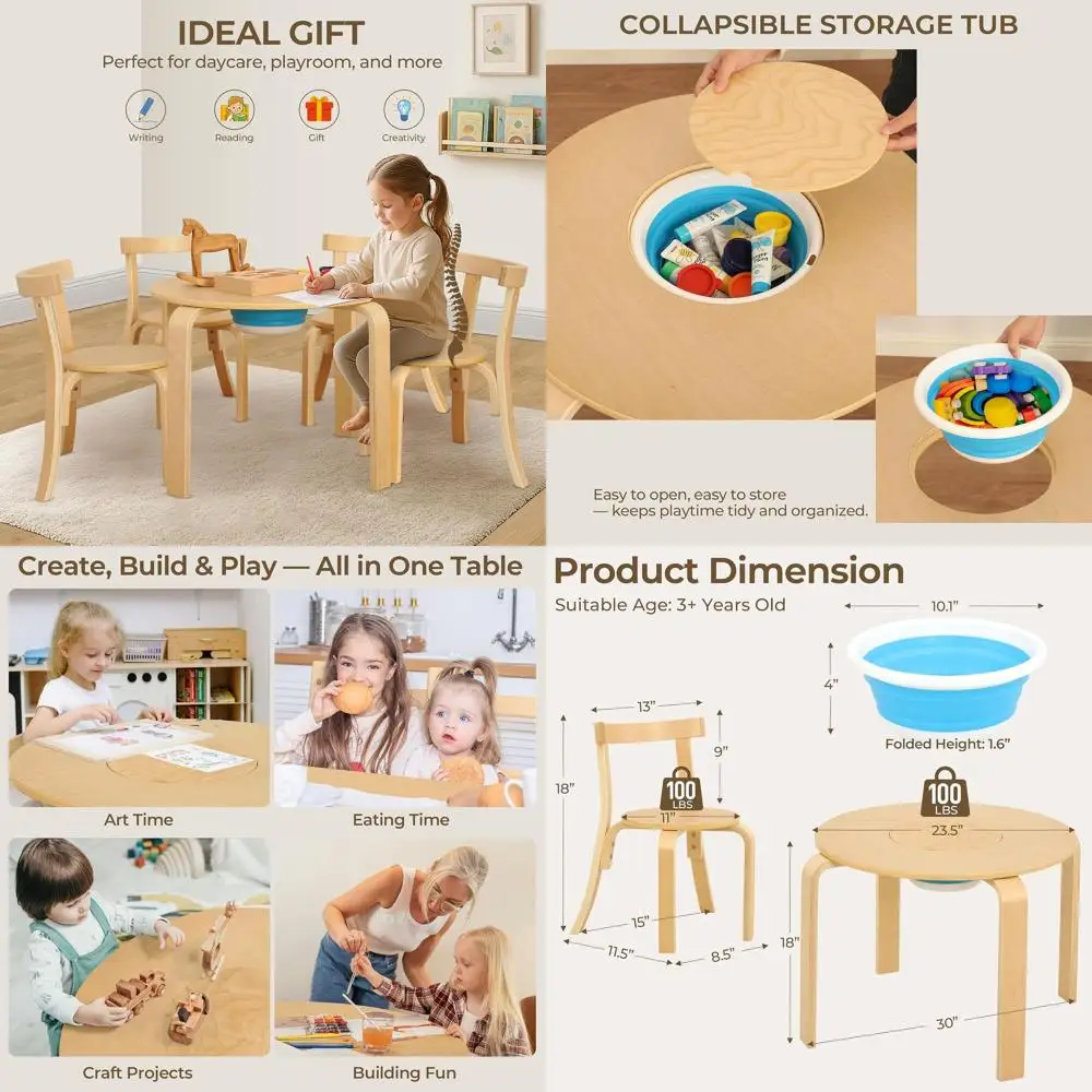 Wooden Toddler Table and 4 Chairs Set with Storage Bin for Arts, Crafts, Eating, Learning, and Playroom Activities
Wooden Toddler Table and 4 Chairs Set with Storage Bin for Arts, Crafts, Eating, Learning, and Playroom Activities