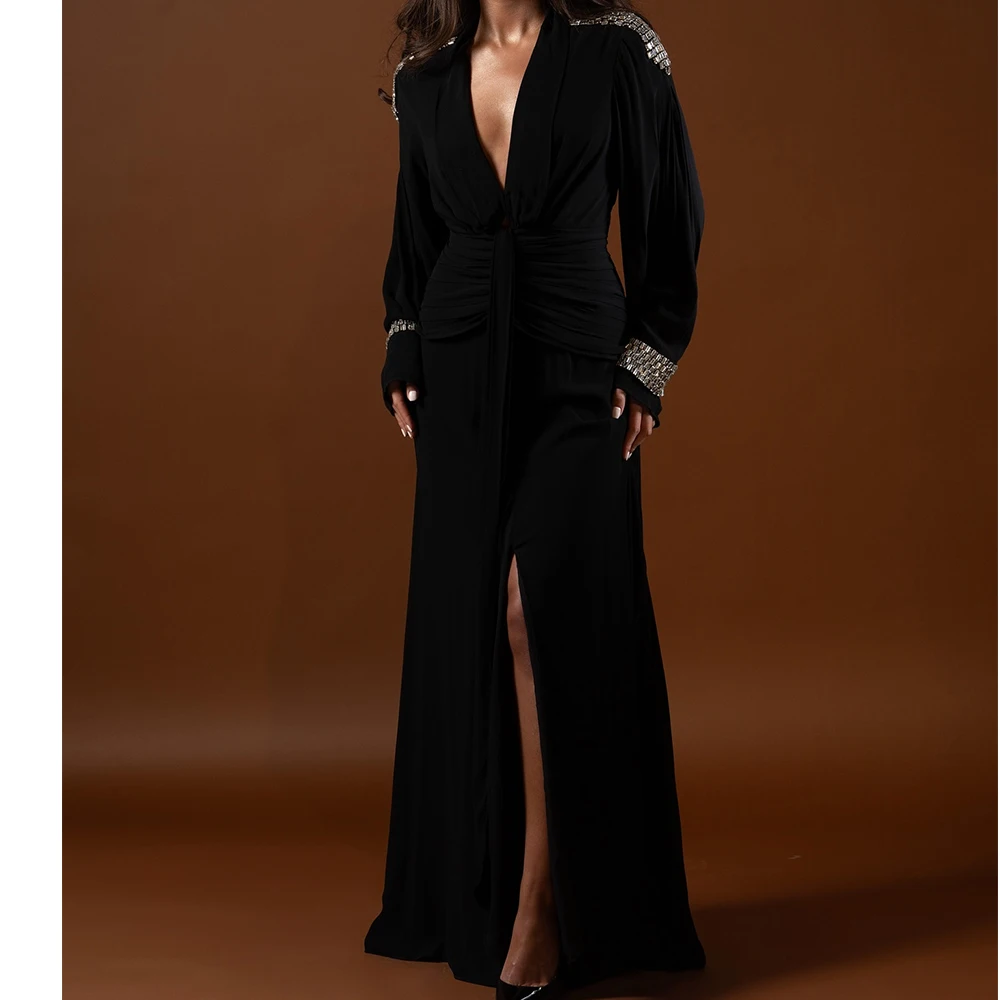 Formal Crystal Off the Shoulder Chiffon Evening Dresses Temperament Straight Floor Length V-Neck Long Sleeves Celebrity Gowns
Formal Crystal Off the Shoulder Chiffon Evening Dresses Temperament Straight Floor Length V-Neck Long Sleeves Celebrity Gowns