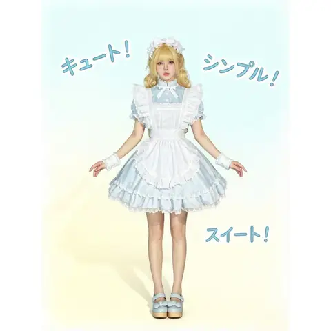 スカイブルーのメイド服 可愛いロリータコスプレ制服 甘いソフトな衣装 ロールプレイパーティー カーニバル ステージショー アニメ デイリーウェア