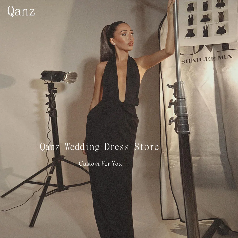 Qanz Modern Black Satin Evening Dresses Deep V Neck Mermaid Vestidos De Fiesta With Bow Formal Occasion Dresses Customized 
Qanz Modern Black Satin Evening Dresses Deep V Neck Mermaid Vestidos De Fiesta With Bow Formal Occasion Dresses Customized