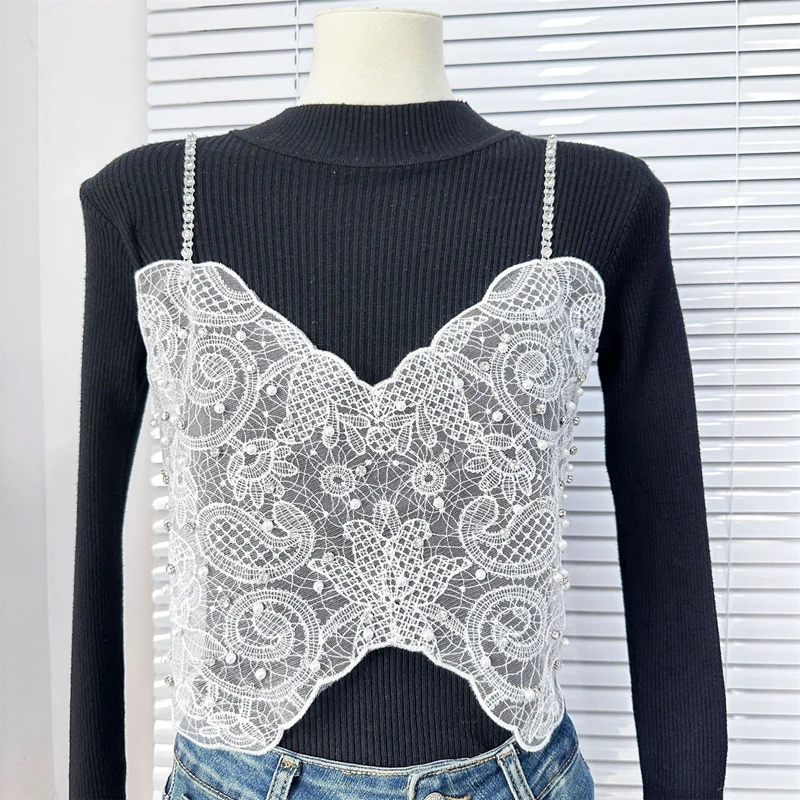 Sexy Backless Lace Diamond Beaded Tank Top Embroidered Mesh Rhinestone Vest Ladies Short Strap Hollow Out Vest
Sexy Backless Lace Diamond Beaded Tank Top Embroidered Mesh Rhinestone Vest Ladies Short Strap Hollow Out Vest