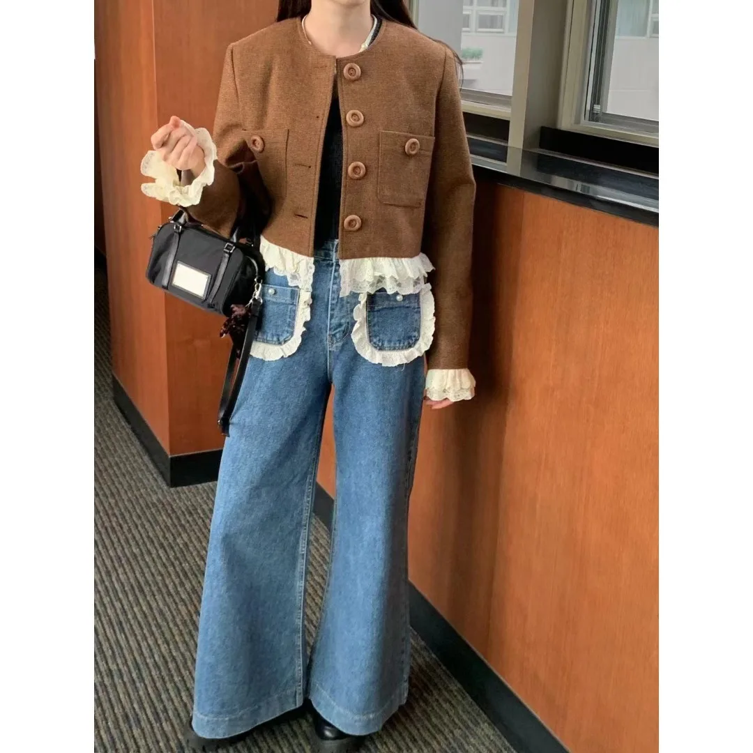 Loose Women's Jeans Lace Trim High Waist Straight Leg Blue Denim Spring Autumn New Sle Korean Version Slimming Small Size
Loose Women's Jeans Lace Trim High Waist Straight Leg Blue Denim Spring Autumn New Sle Korean Version Slimming Small Size