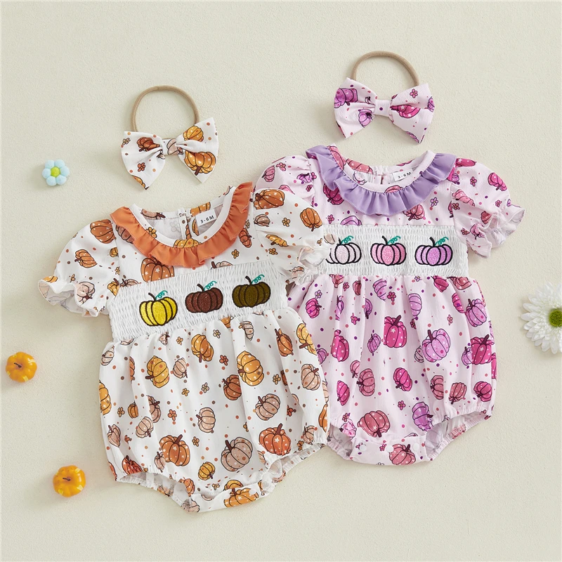Newborn Baby Girl Halloween Jumpsuit Short Sleeve Crew Neck Pumpkin Print Smocked Romper Newborn Fall Playsuit And Headband 
Newborn Baby Girl Halloween Jumpsuit Short Sleeve Crew Neck Pumpkin Print Smocked Romper Newborn Fall Playsuit And Headband