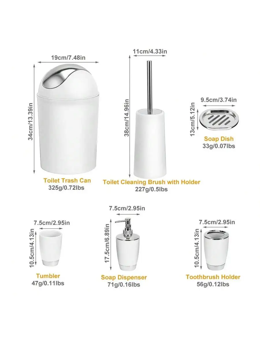 6 Piece Bathroom Accessories Set With Trash Can Soap Dispenser Toothbrush Holder Tumbler Soap Dish Cleaning Brush
6 Piece Bathroom Accessories Set With Trash Can Soap Dispenser Toothbrush Holder Tumbler Soap Dish Cleaning Brush