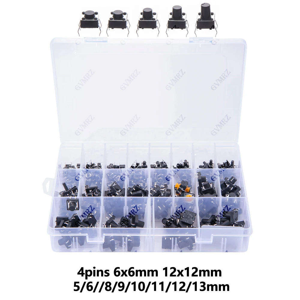 250pcs 20value 4pins 6x6mm 12x12mm 5/6//8/9/10/11 Tactile button switch micro instant classification Assorted kit 12/13mm
250pcs 20value 4pins 6x6mm 12x12mm 5/6//8/9/10/11 Tactile button switch micro instant classification Assorted kit 12/13mm
