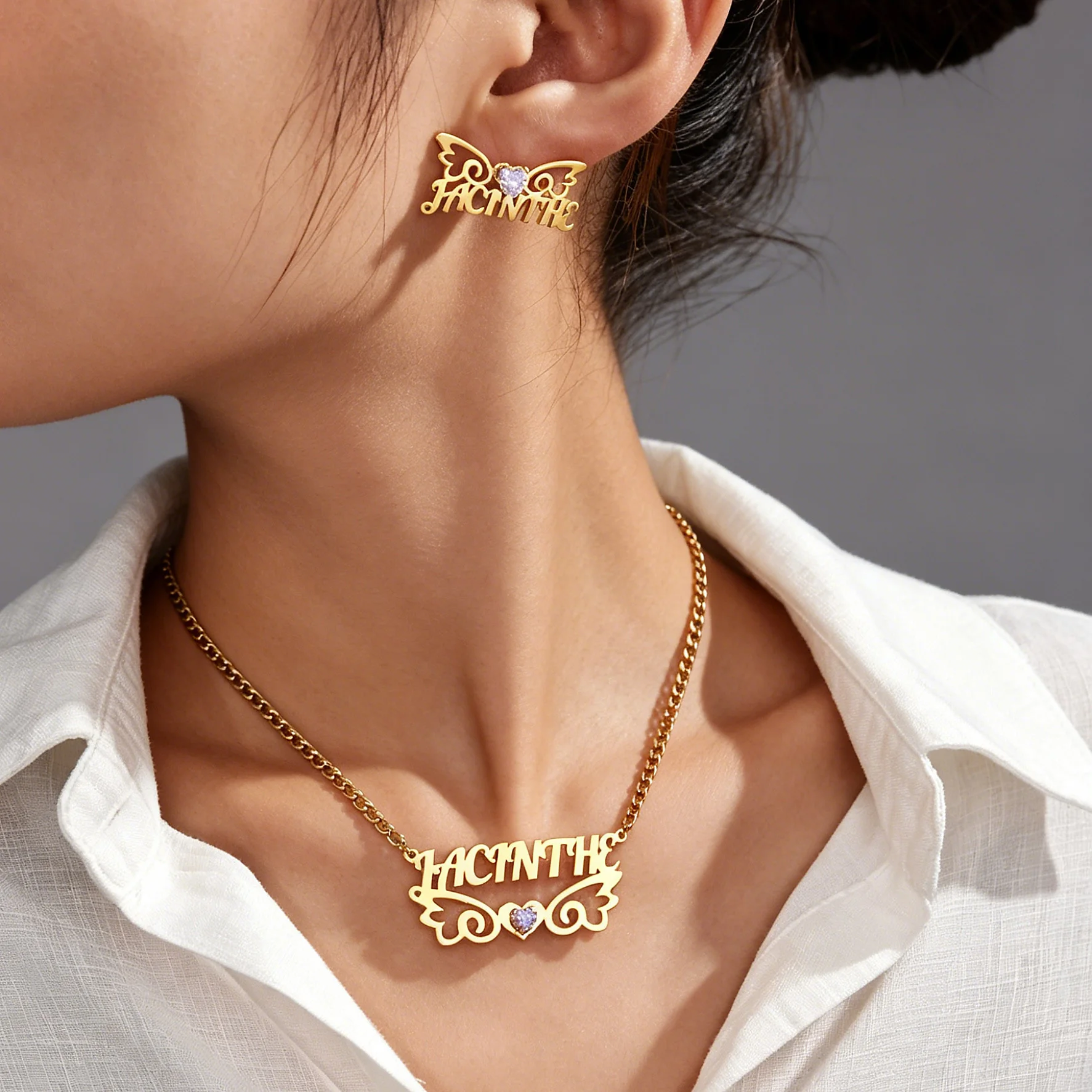 Exquisite Custom Name Zircon Necklace Earring Set For Women Stainless Steel Personalized Birthstone Nameplate Charm Jewelry Gift
Exquisite Custom Name Zircon Necklace Earring Set For Women Stainless Steel Personalized Birthstone Nameplate Charm Jewelry Gift