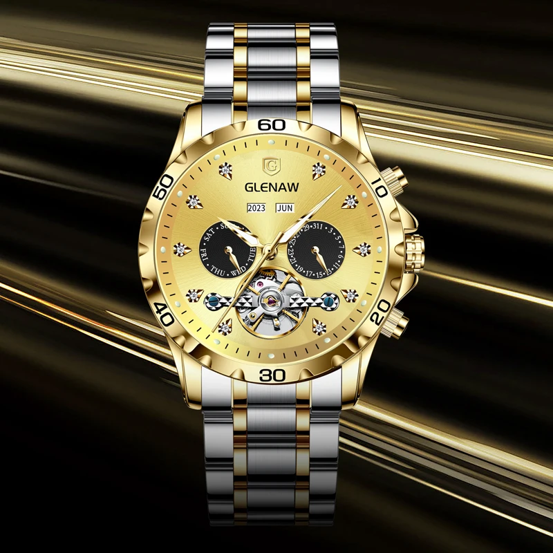 2023 GLENAW Fashionable Men's Mechanical Watch Diamond Dial Stainless Steel Multifunctional Chronograph Waterproof Luminous
2023 GLENAW Fashionable Men's Mechanical Watch Diamond Dial Stainless Steel Multifunctional Chronograph Waterproof Luminous