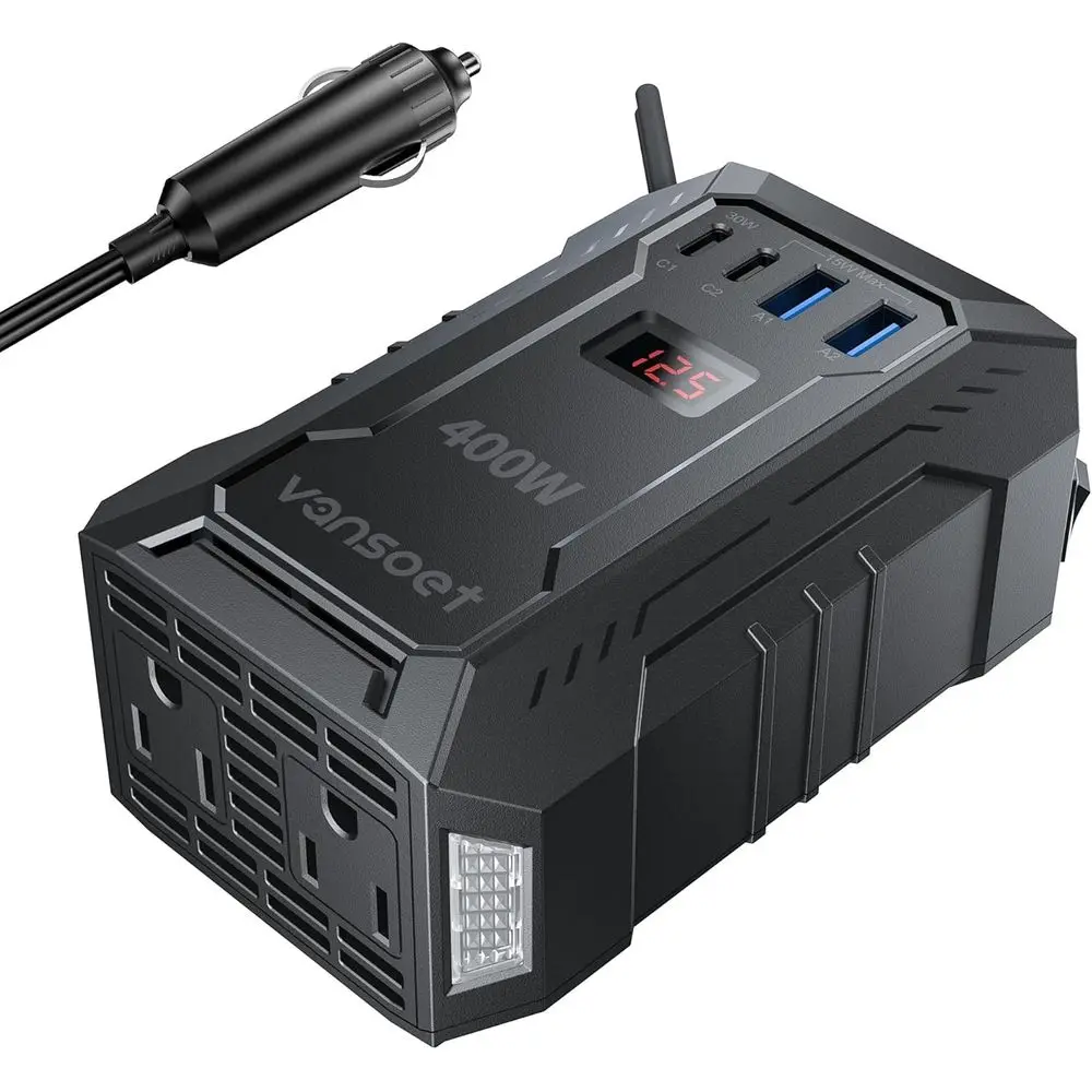 400W Car Power Inverter DC 12V to 110V AC with PD 30W/15W USB C+2*USB A Ports & 2 AC Outlets
400W Car Power Inverter DC 12V to 110V AC with PD 30W/15W USB C+2*USB A Ports & 2 AC Outlets