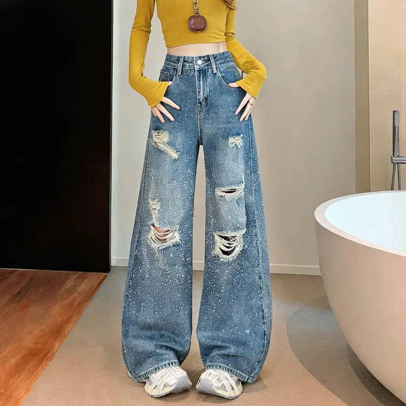 Spring Summer Ripped Rhinestone Jeans For Women American Casual Fashion New Loose High Waist Blue Shiny Denim Pants
Spring Summer Ripped Rhinestone Jeans For Women American Casual Fashion New Loose High Waist Blue Shiny Denim Pants