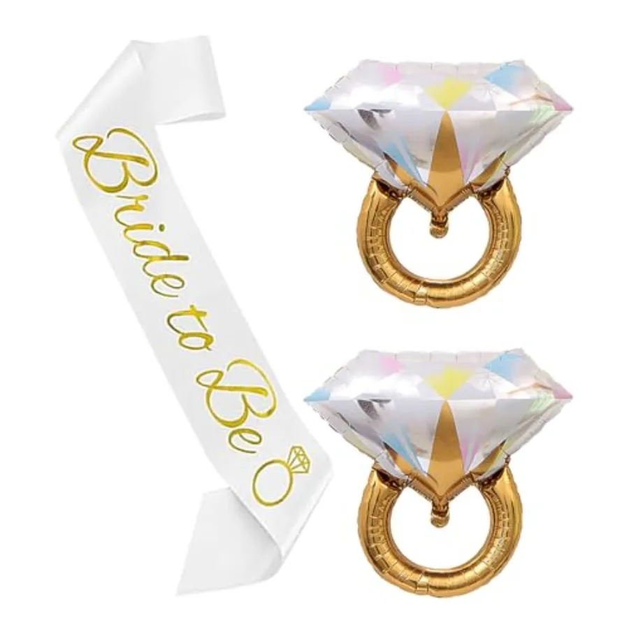 Bachelorette Bridal Shower Wedding Party Decorations with Bride Sash and 2PCS 26in Diamond Ring Foil Balloons in Gold and Silve
Bachelorette Bridal Shower Wedding Party Decorations with Bride Sash and 2PCS 26in Diamond Ring Foil Balloons in Gold and Silve