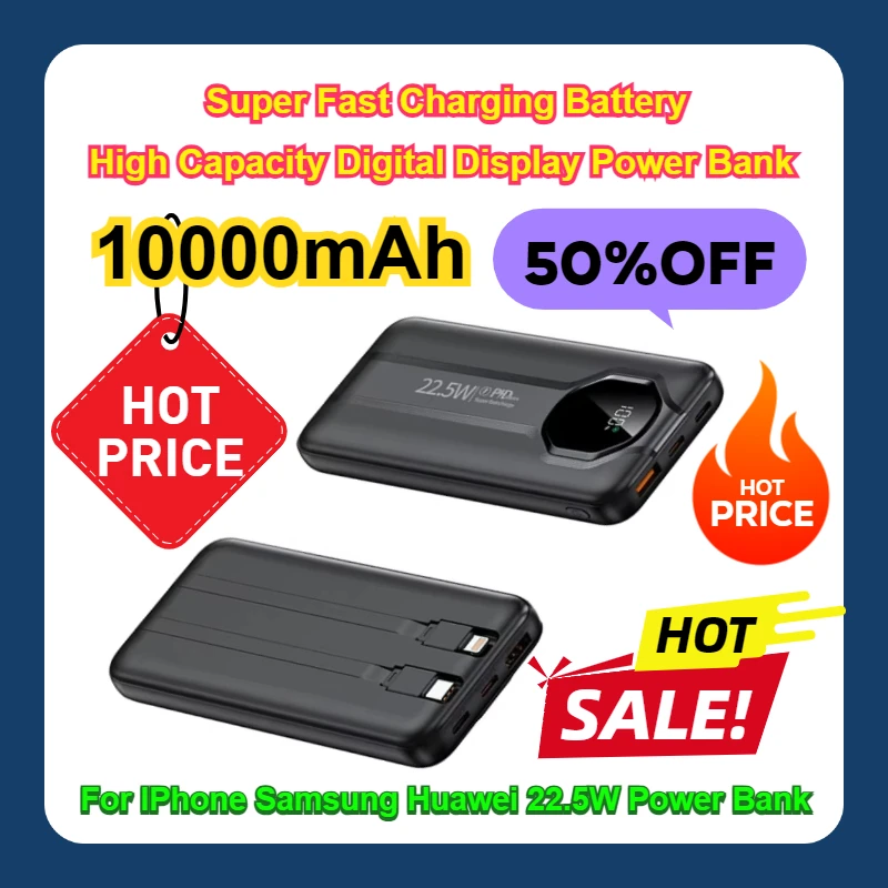 Super Fast Charging Battery High Capacity Digital Display Power Bank 10000mAh For IPhone Samsung Huawei 22.5W Power Bank
Super Fast Charging Battery High Capacity Digital Display Power Bank 10000mAh For IPhone Samsung Huawei 22.5W Power Bank