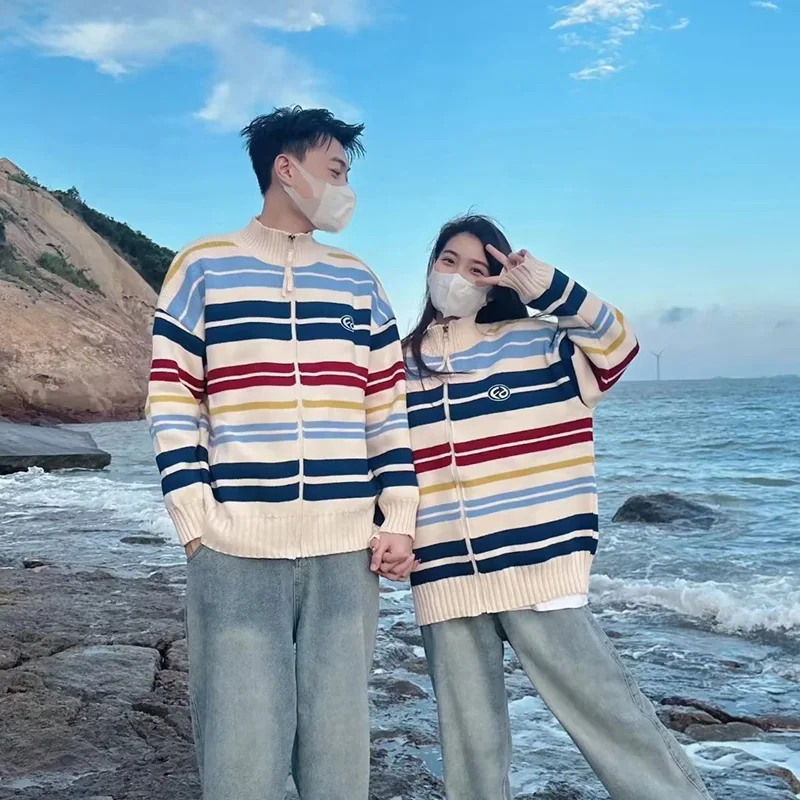 Couples Striped Open Cardigan Sweater Loose Fit Stand Collar Men's Knitted Outerwear Casual Autumn Winter High End Feeling
Couples Striped Open Cardigan Sweater Loose Fit Stand Collar Men's Knitted Outerwear Casual Autumn Winter High End Feeling