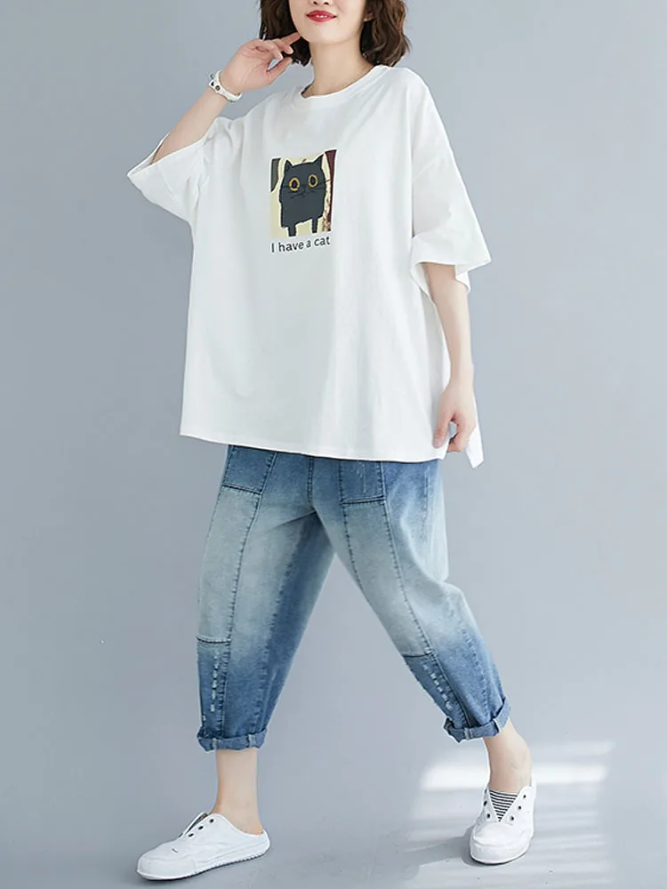 Summer Cute Cat Printing T-Shirts For Women Cotton Casual Loose Cartoon Popular Short Sleeve Simple Female Pullovers Tops Tees
Summer Cute Cat Printing T-Shirts For Women Cotton Casual Loose Cartoon Popular Short Sleeve Simple Female Pullovers Tops Tees