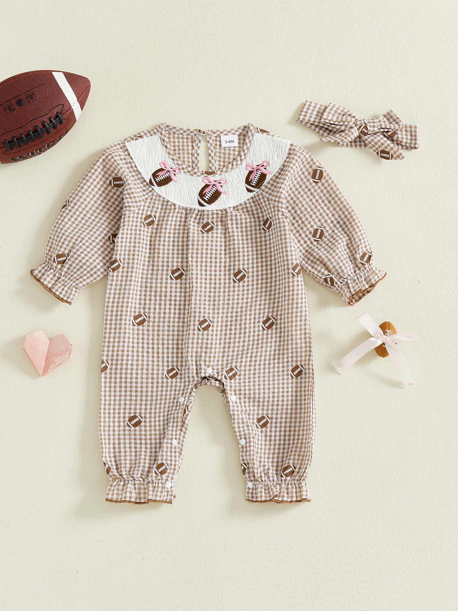 Infant Girls Autumn Romper Tartan Pattern Soccer Logo Embroidery Long Sleeve Round Neck Bodysuit with Matching Headband
Infant Girls Autumn Romper Tartan Pattern Soccer Logo Embroidery Long Sleeve Round Neck Bodysuit with Matching Headband