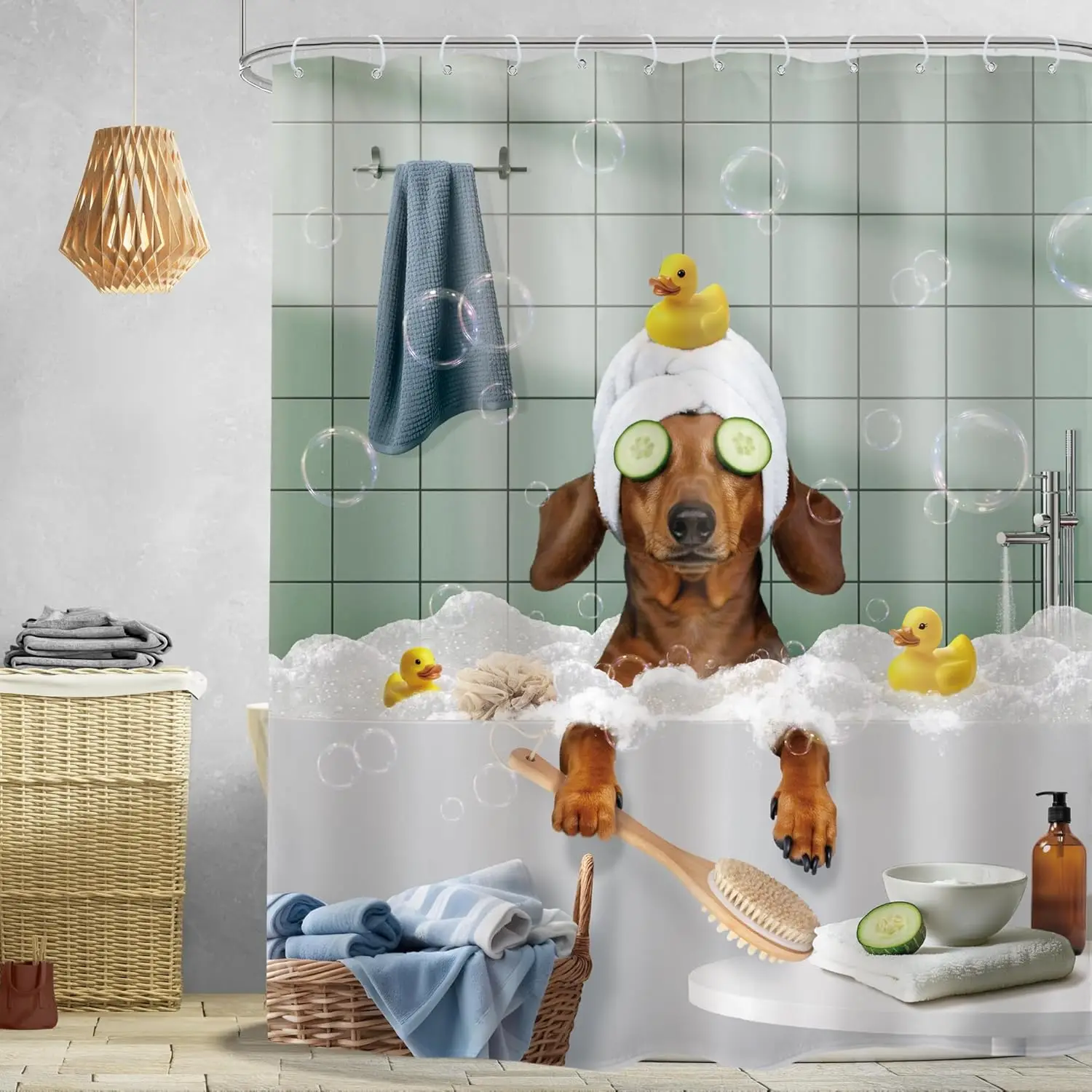 Funny Dog Shower Curtain Vintage Hilarious Dachshund Bath Soap Cute Animal Puppy Pets Bubbles Duck with Hooks Fabric Waterproo
Funny Dog Shower Curtain Vintage Hilarious Dachshund Bath Soap Cute Animal Puppy Pets Bubbles Duck with Hooks Fabric Waterproo