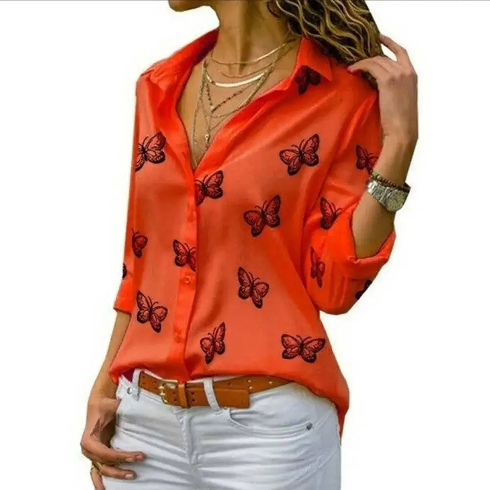 Женская свободная блузка большого размера S-5XL с принтом бабочки, летние женские рубашки с длинными рукавами и пуговицами, мешковатая рабочая одежда, топы ARJ-199Y 
Женская свободная блузка большого размера S-5XL с принтом бабочки, летние женские рубашки с длинными рукавами и пуговицами, мешковатая рабочая одежда, топы ARJ-199Y