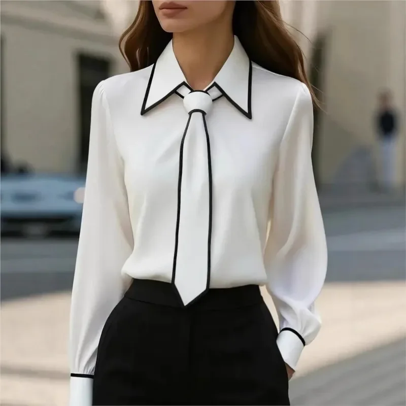 Women's Blouse Fashion Shirt Formal Bow Tie Long-sleeve Contrasting Trim Tops Slim-fit Workwear Elegant Office Lady Shirts Women
Women's Blouse Fashion Shirt Formal Bow Tie Long-sleeve Contrasting Trim Tops Slim-fit Workwear Elegant Office Lady Shirts Women