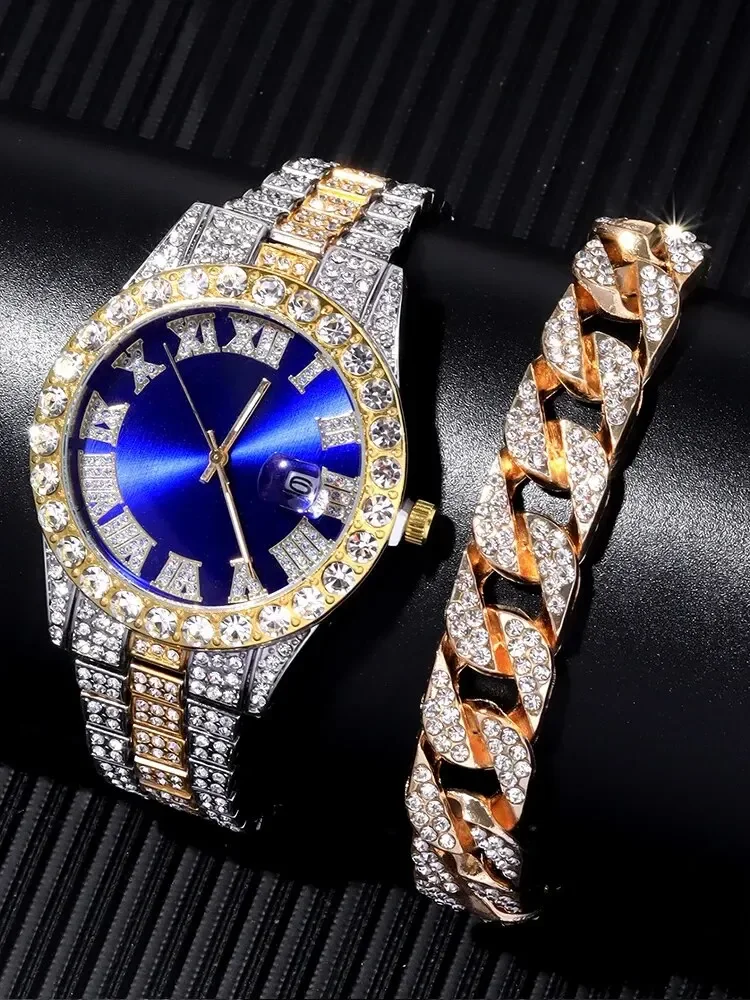 2PCs Fashion Luxury Full Diamond Steel Band Calendar Roman Scale Men's Steel Band Quartz Watch with Diamond Chain Bracelet Set
2PCs Fashion Luxury Full Diamond Steel Band Calendar Roman Scale Men's Steel Band Quartz Watch with Diamond Chain Bracelet Set
