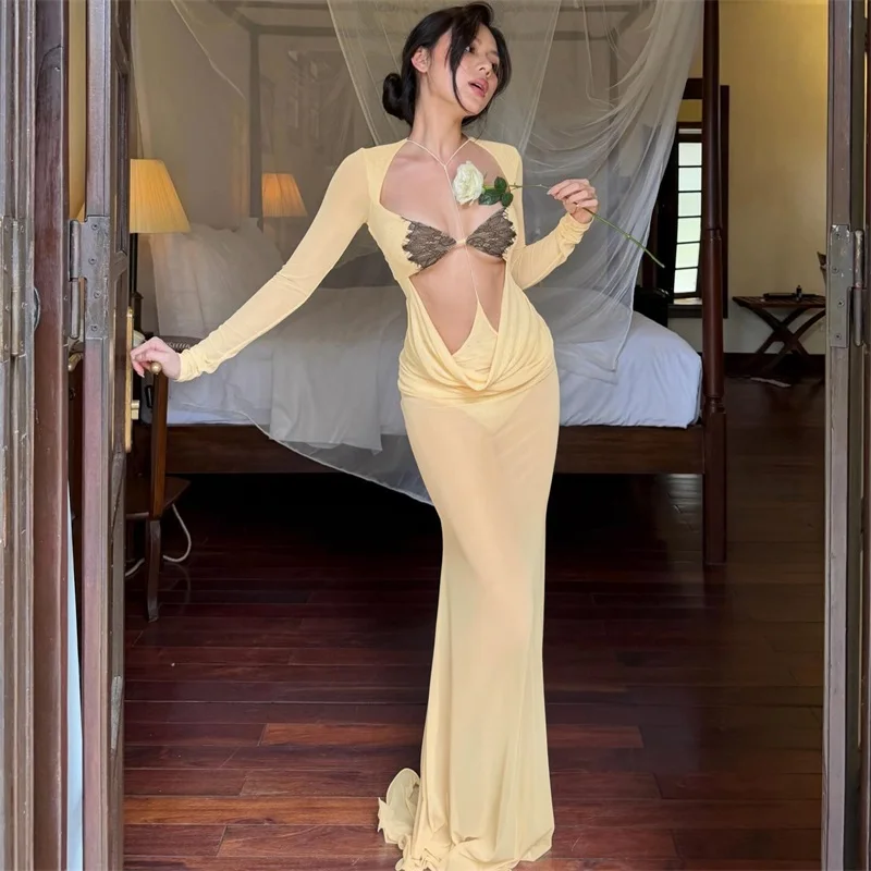 Yellow Prom Dress Sexy Summer Hollow V Neck Full Sleeves Long Party Gown Holiday Beach Formal Wedding Birthday Evening Robe
Yellow Prom Dress Sexy Summer Hollow V Neck Full Sleeves Long Party Gown Holiday Beach Formal Wedding Birthday Evening Robe
