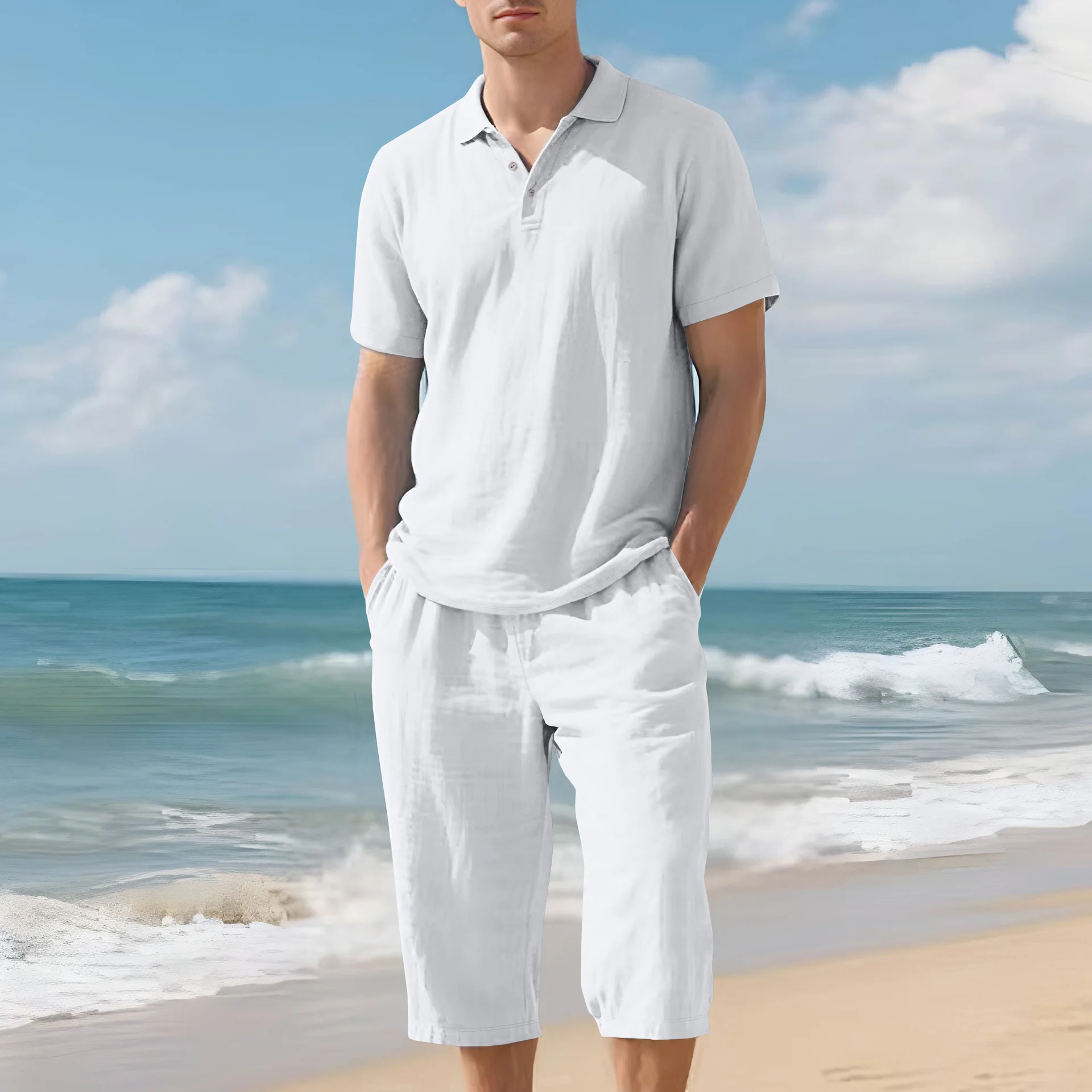 Summer Men's Loose Casual Linen Breathable Polo Shirt Short-Sleeved Beach Seven-Inch Pants Set for Shopping and Beach Sportswear
Summer Men's Loose Casual Linen Breathable Polo Shirt Short-Sleeved Beach Seven-Inch Pants Set for Shopping and Beach Sportswear