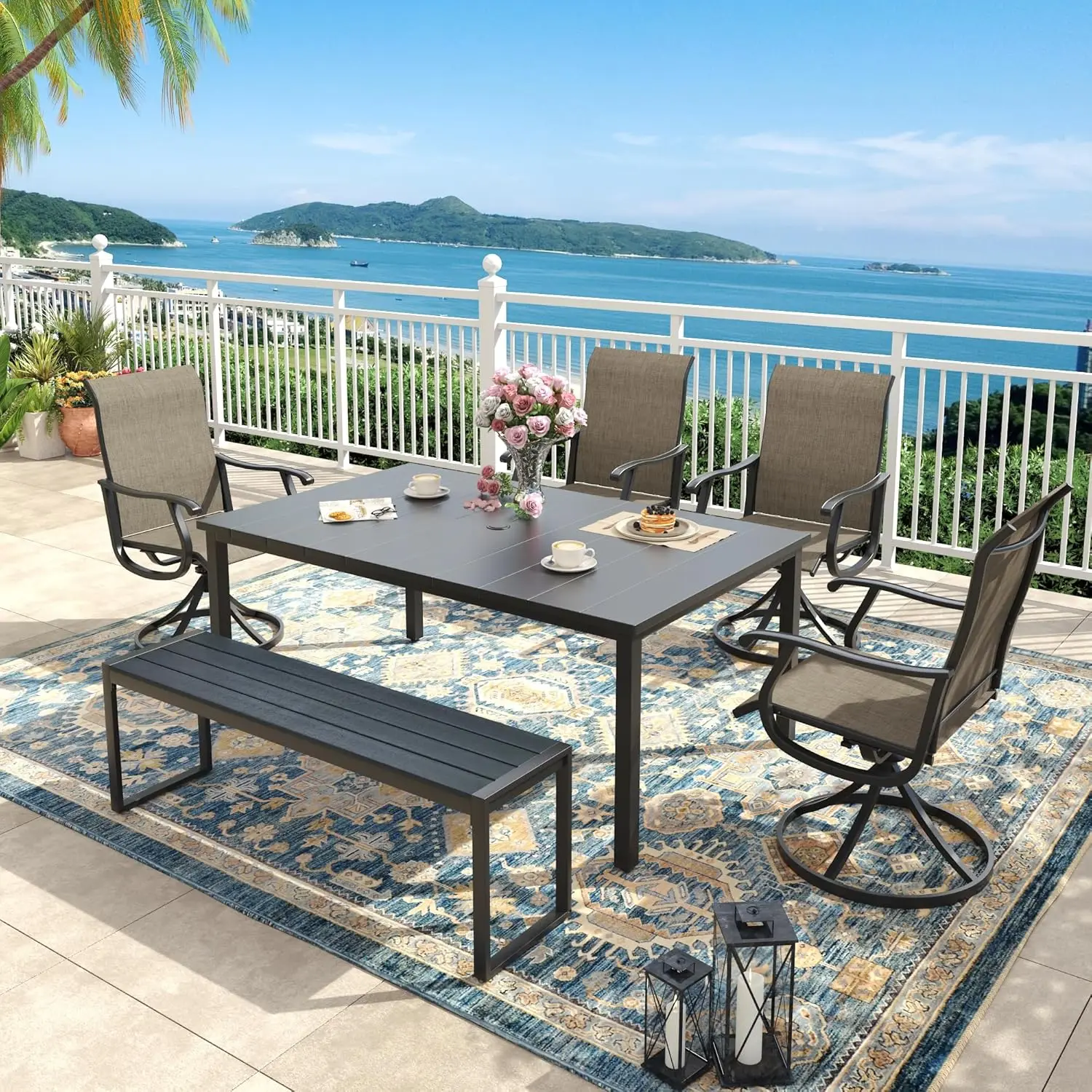 6pc Outdoor Dining Set 63in Table 53in Bench Swivel Chairs Weather-Resistant Steel Rattan Deck Backyard Mixed Brown Customized
6pc Outdoor Dining Set 63in Table 53in Bench Swivel Chairs Weather-Resistant Steel Rattan Deck Backyard Mixed Brown Customized