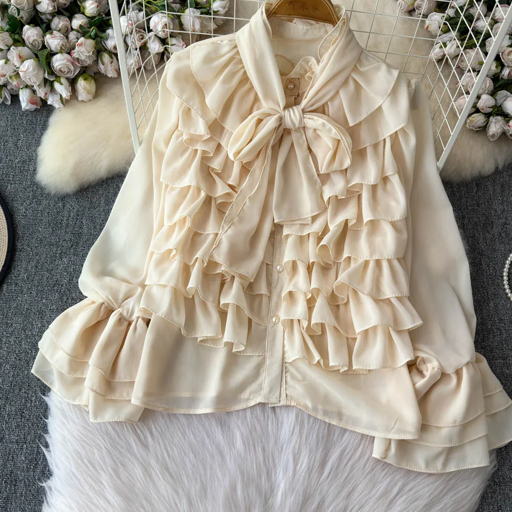 Chic Autumn Women Multi-layers Ruffles Edge Chiffon Shirts Lace Up Bow Tie Blouses Cardigan Single Breasted Flare Sleeve Tops
Chic Autumn Women Multi-layers Ruffles Edge Chiffon Shirts Lace Up Bow Tie Blouses Cardigan Single Breasted Flare Sleeve Tops