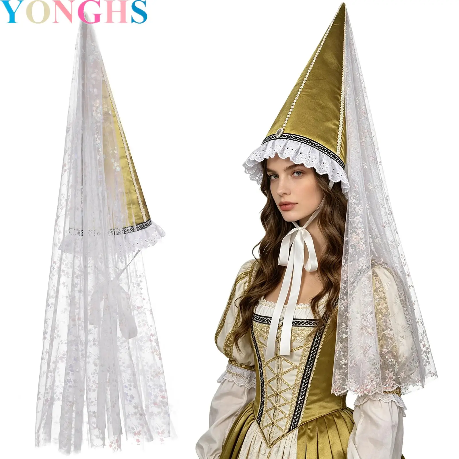 Halloween Medieval Renaissance Hat with Veil Cone Pointy Hat Lace Trim Faux Pearls Decor Hat for Womens Renaissance Party
Halloween Medieval Renaissance Hat with Veil Cone Pointy Hat Lace Trim Faux Pearls Decor Hat for Womens Renaissance Party