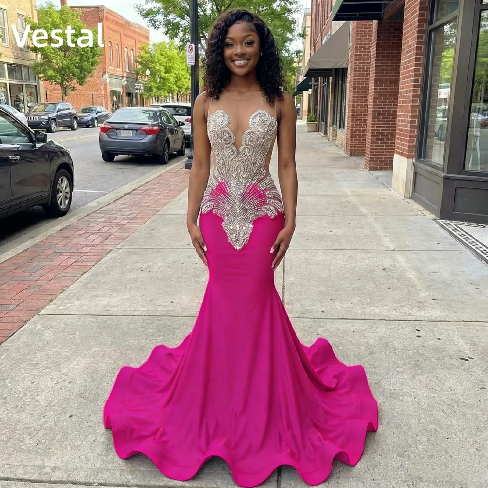 Hot Pink Satin Prom Dress with Sheer Beaded Bodice Ruffled Train Evening Gown Customized
Hot Pink Satin Prom Dress with Sheer Beaded Bodice Ruffled Train Evening Gown Customized
