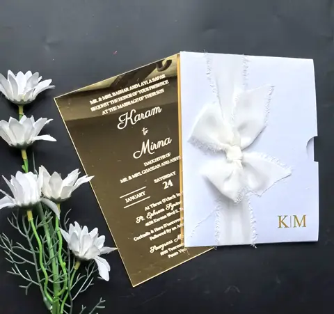 Custom Acrylic Card Invitations Mirror Gold,Pocket Envelope printed gold Name,tied Gauze belt