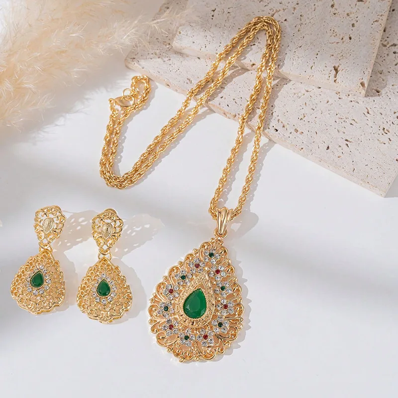 Middle Eastern Gold Luxury Women's Wedding Water Drop Necklace Earrings Set Arabian Alloy Jewelry Set
Middle Eastern Gold Luxury Women's Wedding Water Drop Necklace Earrings Set Arabian Alloy Jewelry Set