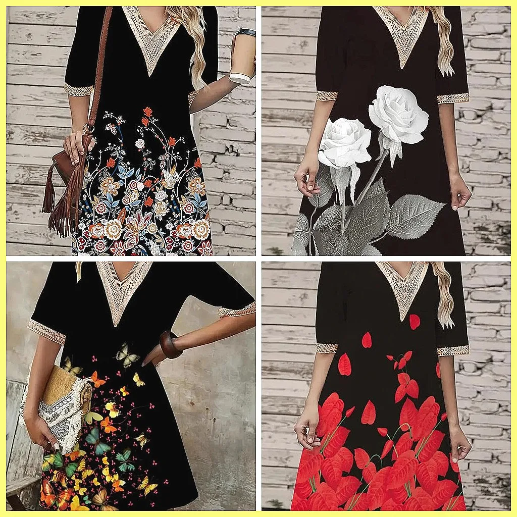 Women's Sexy V-Neck Lace Trim Floral Print Knitted Dress, Loose Short Sleeve Midi Dress for Spring Summer
Women's Sexy V-Neck Lace Trim Floral Print Knitted Dress, Loose Short Sleeve Midi Dress for Spring Summer