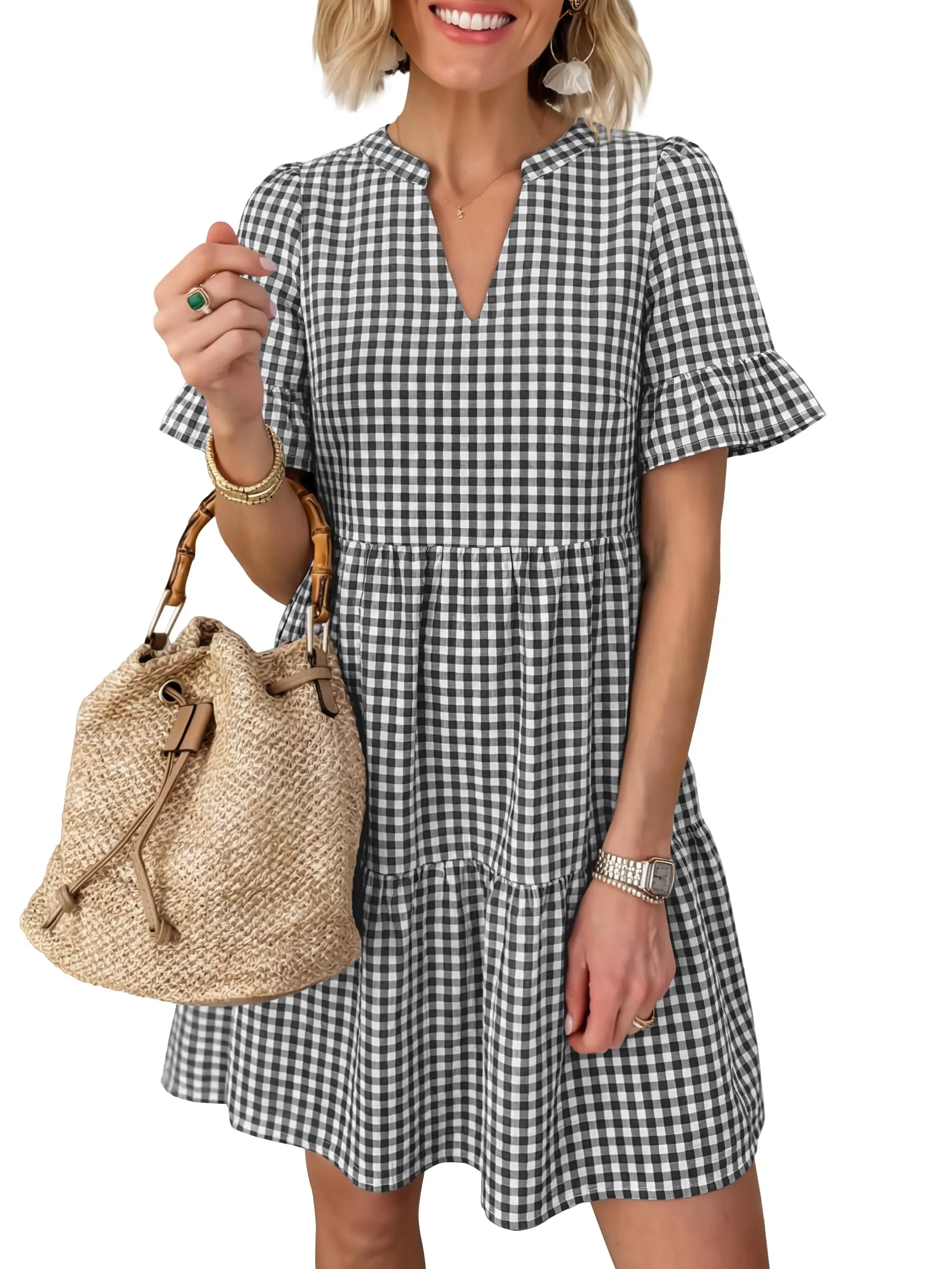 Women Summer V Neck Ruffle Sleeve A Line Tiered Flowy Casual Mini Gingham Dress With Pockets
Women Summer V Neck Ruffle Sleeve A Line Tiered Flowy Casual Mini Gingham Dress With Pockets
