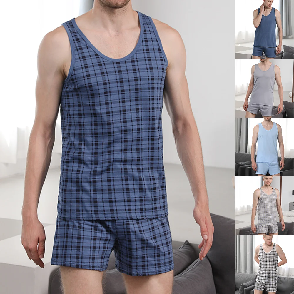 Summer Cotton Sleepwear Men's Pajamas Set Male Sleeveless Vest Shorts Loungewear Man Nightwear Plaid Home Wear Plus Size Pj Set
Summer Cotton Sleepwear Men's Pajamas Set Male Sleeveless Vest Shorts Loungewear Man Nightwear Plaid Home Wear Plus Size Pj Set