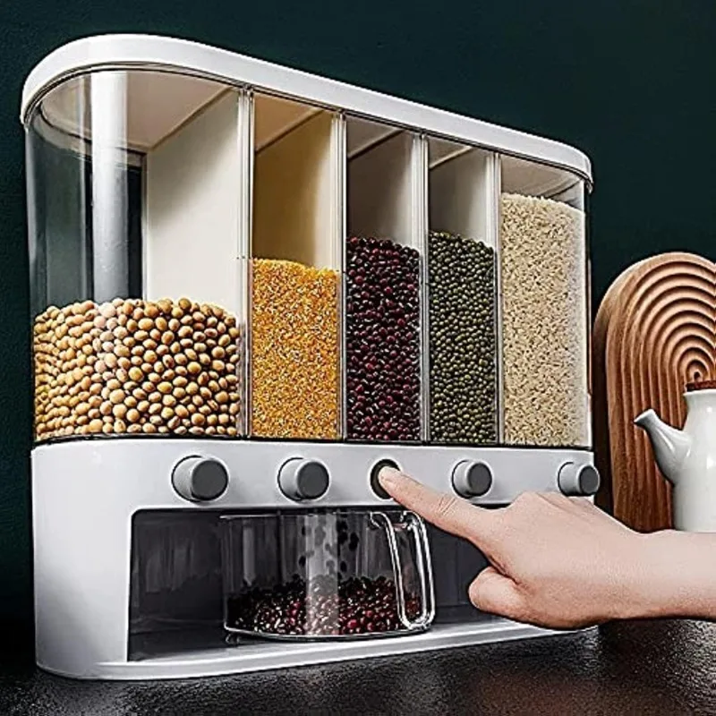 Wall Mounted 5 Grid Cereal Dispenser Dry Food Storage Container with Measuring Cup for Kitchen Pantry Organization
Wall Mounted 5 Grid Cereal Dispenser Dry Food Storage Container with Measuring Cup for Kitchen Pantry Organization
