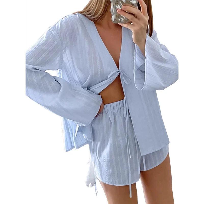 ABP-Women's Summer Pajama V-Neck 2-Piece Outfit Long Sleeve Shirt Matching Loose High Waist Mini Shorts Sets Blue M
ABP-Women's Summer Pajama V-Neck 2-Piece Outfit Long Sleeve Shirt Matching Loose High Waist Mini Shorts Sets Blue M