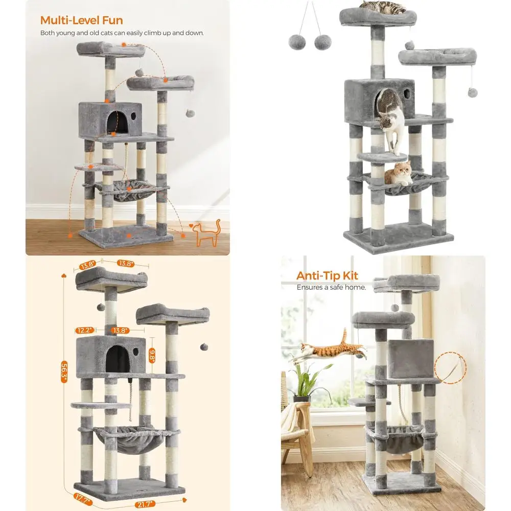 56.3 Indoor Cat Tree with Scratching Posts, Hammock, Plush Perch, Light Gray - FEANDREA Cat Tower
56.3 Indoor Cat Tree with Scratching Posts, Hammock, Plush Perch, Light Gray - FEANDREA Cat Tower