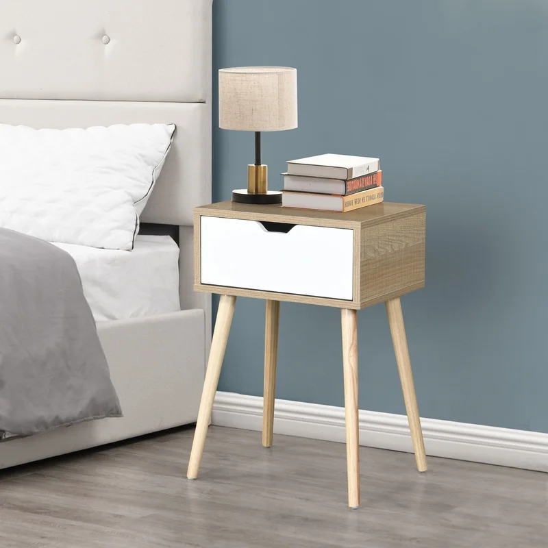 Mid-Century Modern Side Table with Single Drawer and Rubber Wood Legs, White Finish
Mid-Century Modern Side Table with Single Drawer and Rubber Wood Legs, White Finish