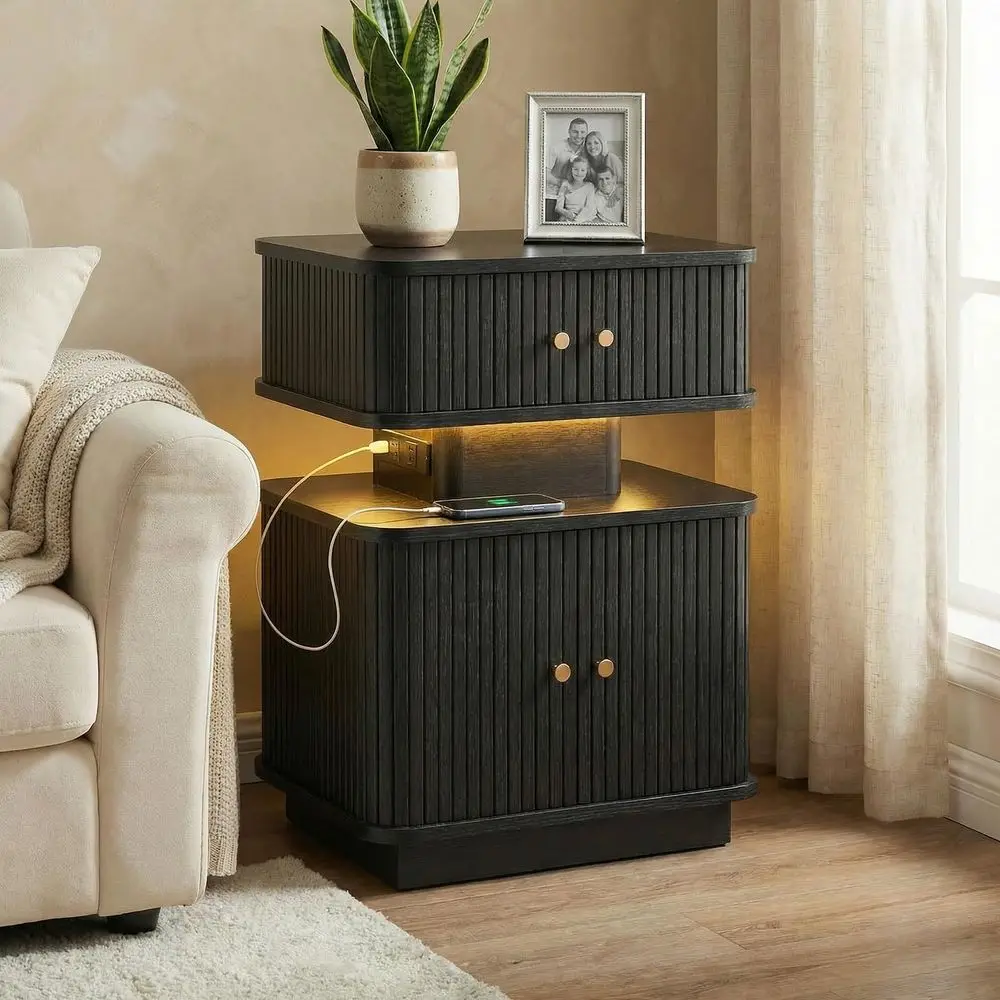 Light End Table with Charging Station, Black Smart Mid Century Bedside Table with USB Type A C Ports, Small Fluted Accent Contr
Light End Table with Charging Station, Black Smart Mid Century Bedside Table with USB Type A C Ports, Small Fluted Accent Contr