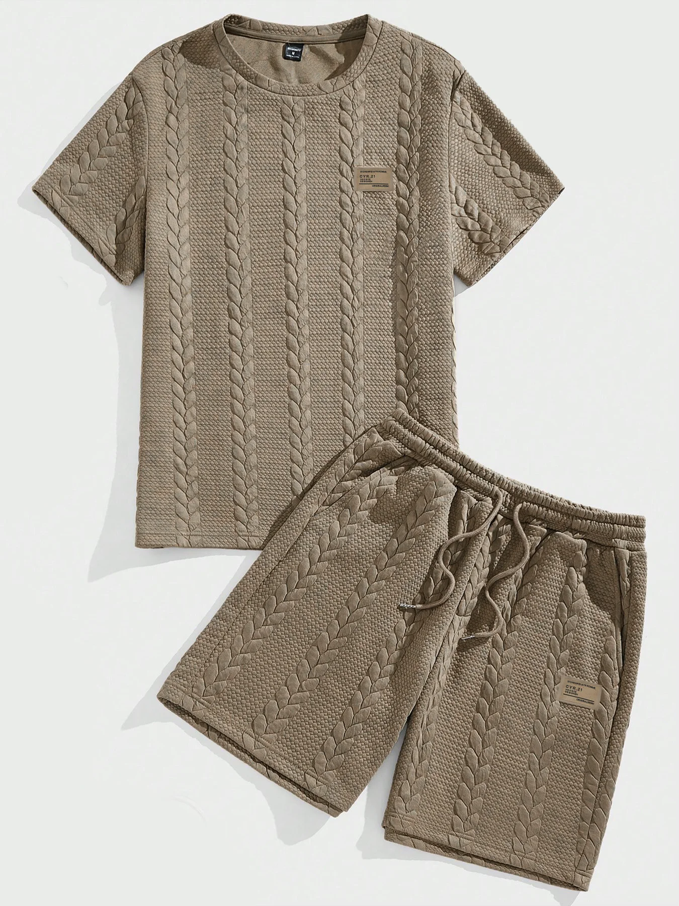 Men's Khaki Cable Knit Texture 2 Piece Set Crew Neck Short Sleeve & Labeled Shorts Casual Outfit
Men's Khaki Cable Knit Texture 2 Piece Set Crew Neck Short Sleeve & Labeled Shorts Casual Outfit