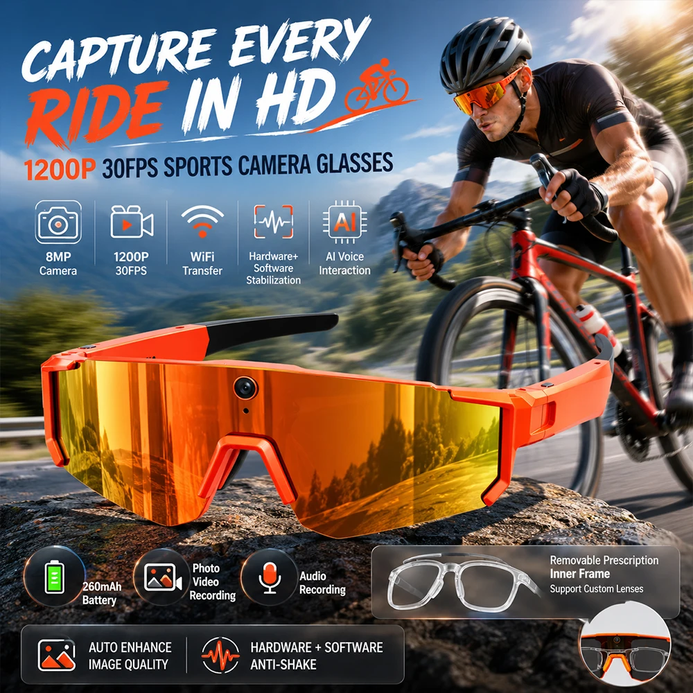 2026 Outdoor AI Sports Glasses JL7018F 2GB 8MP Camera 1200P 30FPS Recording WiFi Transfer EIS AI Voice 260mAh 49.5g
2026 Outdoor AI Sports Glasses JL7018F 2GB 8MP Camera 1200P 30FPS Recording WiFi Transfer EIS AI Voice 260mAh 49.5g