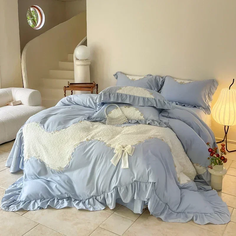 Blue Pink Purple Korean Princess Style Bedding Set Lace Embroidery With Bow Ruffles Duvet Cover Set Bed Sheet Pillowcases 4Pcs
Blue Pink Purple Korean Princess Style Bedding Set Lace Embroidery With Bow Ruffles Duvet Cover Set Bed Sheet Pillowcases 4Pcs