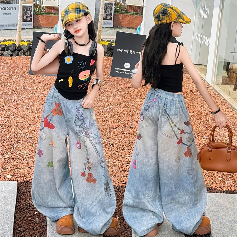Big Girls Outfits Cute Vest Top+Wide Leg Jeans Cartoon Fashion Print 2Pcs Clothing Sets for Kids Summer New Korean Cool Costumes
Big Girls Outfits Cute Vest Top+Wide Leg Jeans Cartoon Fashion Print 2Pcs Clothing Sets for Kids Summer New Korean Cool Costumes