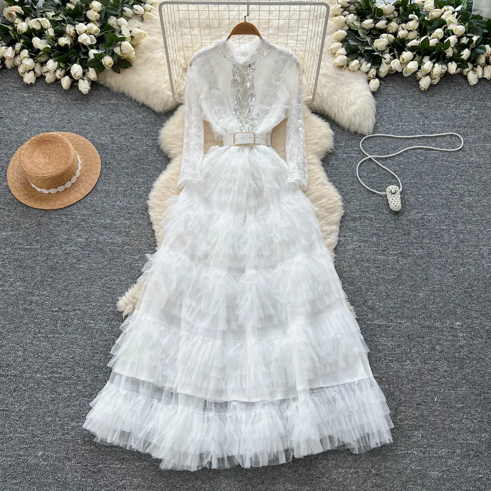 Evening Dress Women Gown Ruffles Stand Collar Full Sleeve Long Dresses Elegant A Line Spliced High Waist Vestidos Mesh Wedding
Evening Dress Women Gown Ruffles Stand Collar Full Sleeve Long Dresses Elegant A Line Spliced High Waist Vestidos Mesh Wedding
