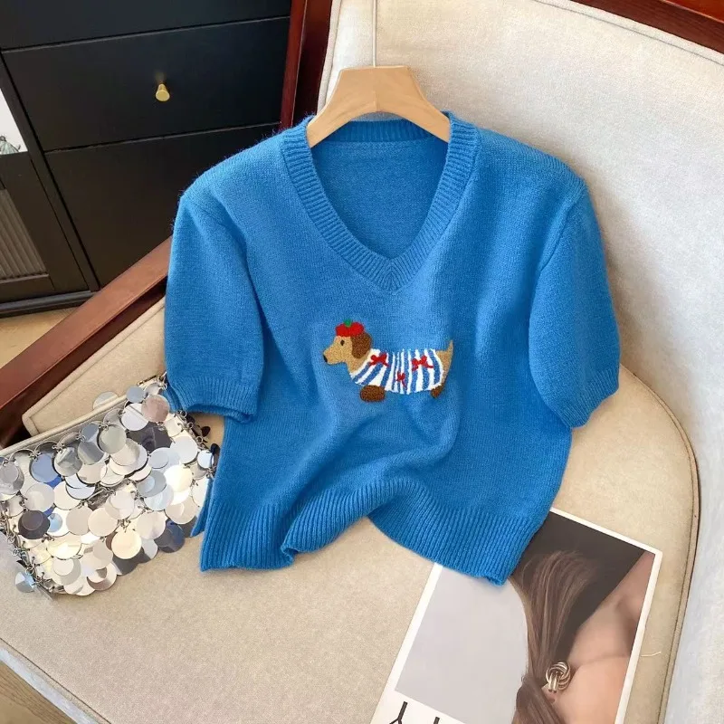 Blue Knitted Short Sleeve T-Shirt Women's 2025 Summer New V-Neck Embroidery Puppy Cartoon Versatile Sweater Top Tide Ins Women
Blue Knitted Short Sleeve T-Shirt Women's 2025 Summer New V-Neck Embroidery Puppy Cartoon Versatile Sweater Top Tide Ins Women
